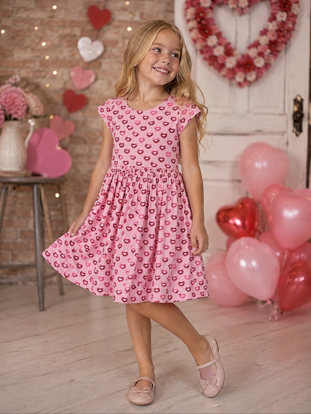 H&M Girls Pink Lip Print Party Dress Tulle Skirt Valentine's Day Size 7-8Y